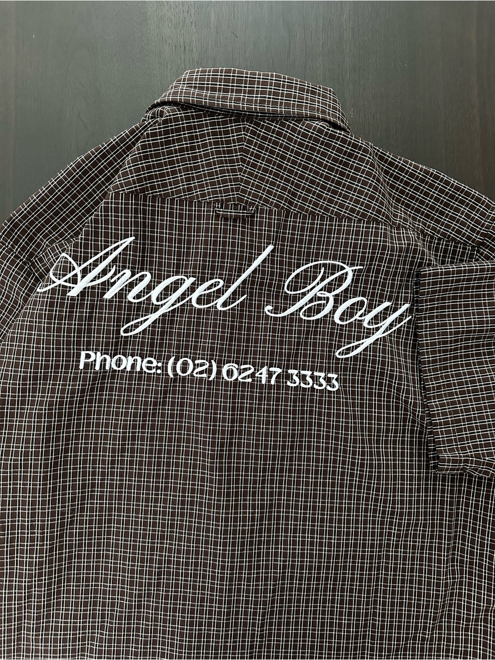 Angel Boy Brown Plaid Grid Embroidery Button Up Short Sleeve Shirt Mens Size M